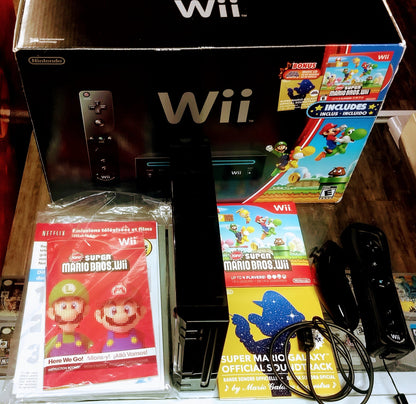 CONSOLE NOIRE BLACK NINTENDO WII SYSTEM NEW SUPER MARIO BROS. WII BUNDLE RVL-101 - jeux video game-x